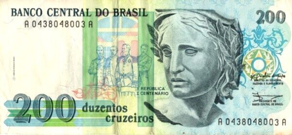 Br Cédula, 200 (Duzentos Cruzeiros) (S), (1991), Anverso: Calcografia nas cores lilás, ocre e verde, efígie da República do Brasil. Verso: “Pátria” (óleo de Pedro Bruno).