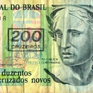 Br Cédula 200 (Duzentos cruzados novos) (Carimbada 200 Cruzeiros), (MBC), (1990). Anverso: Calcografia nas cores lilás, ocre e verde, efígie da República. Verso: “Pátria” óleo de Pedro Bruno.