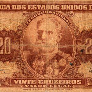 Br Cédula Brasil, 20 Vinte Cruzeiros, Estampa 2ª, (1950-1962), Carmim sobre policromia, em calcografia e offset. Ao centro, Marechal Deodoro da Fonseca.