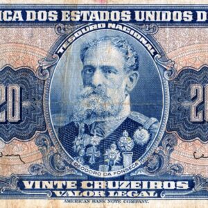 Br Cédula, 20 Vinte Cruzeiros, Estampa 1ª, (1943-1960), ANV: azul sobre policromia, em calcografia e offset. No Centro, Estampa 1ª, Medalhão oval com efigie do Marechal Deodoro da Fonseca.