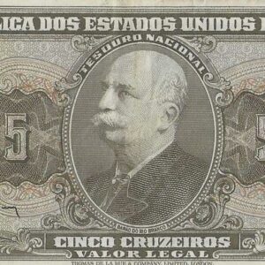 Br Cédula Brasil, 5 Cinco Cruzeiros, 2ª Estampa, (1950-1965), série 3105A, (S), no Centro, Medalhão oval com efígie do Barão do Rio Branco”.