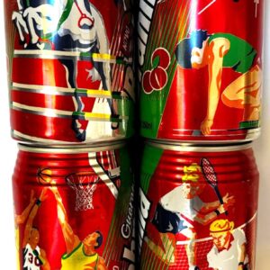Br Latinhas Refrigerantes, guaraná Brahma, (vazias), Símbolo de esportes (Atletismo, Tenis, Basquete e Hipismo) Produzida: Brasal refrigerantes S/A. Cores branca/vermelha/amarela, com anel de alumínio na cor branco. R$17,50.