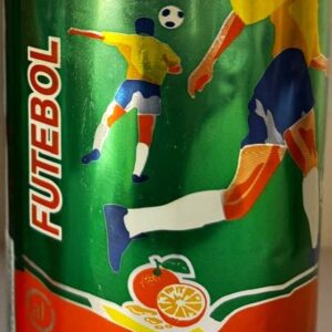 Br Latinhas Refrigerantes, Sukita, (vazia), Símbolo de Futebol, Coleção Atlanta 96. Produzida: Cervejaria Brahma. Cores laranja/vermelha/amarela, sem anel de alumínio branco.