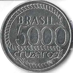 Br Moeda 1992, (S/FC), Brasil República, 5000 Cruzeiros, Aço-Inoxidável, Comemorativa do 2º Centenário da Morte de Tiradentes.