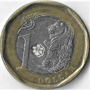 SIN Moeda, (República de Singapura/Ásia), 2013, (AU), 1 Dollar. Valor,  Animais Heráldicos, Animais estilizados, Leões, Mitologia. Anverso: Brasão e pessoas.