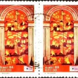 Br-Selo, 1984, C-1393-RHM, (U). Lubrapex 84 - X Exposição Filatélica Luso-Brasileira, Lisboa, Portugal, Pinturas Chinesas Século XVIII, Catedral de Mariana, MG.