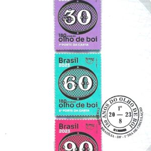 Br-Edital, 06/2023, 3 Selos, (Mint), Emissão Postal Comemorativa: 180 Anos do Olho de boi - 30 Réis. 1º Porte da Carta (PPC). Locais de Lançamento: Brasília/DF, Ribeirão Preto/SP e Recife/PE.