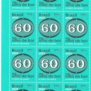Br-Folha, 2023, 12 Selos, (Mint), Emissão Postal Comemorativa: 180 Anos do Olho de boi - 60 Réis. 2º Porte da Carta. Locais de Lançamento: Brasília/DF, Ribeirão Preto/SP e Recife/PE.