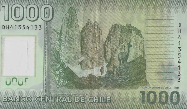 CHL Cédula, (Chile/América do Sul), 2014, 1000 Mil Pesos, (FE), Parque Nacional Torres Del Pain. Efígie de Ignacio Carrera Pinto. - Image 2