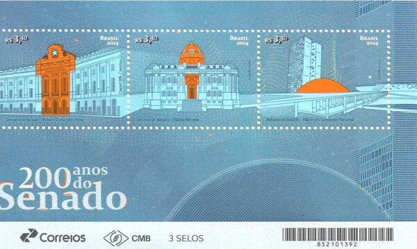 Br-Bloco, 2024, 3 Selos, (Mint), Emissão Postal Especial: 200 Anos do Senado - Bloco com 3 selos. Local de lançamento: São Paulo/SP.