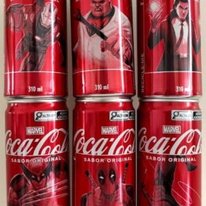 Br Coleção Completa Latinhas Refrigerantes, 2024, (vazias), 06 unidades, referência: “Marvel, personagens” (Máquina de Combate – Rei do Crime – Loki - Wolverine - Deadpool - Demolidor), sabor original, marca: Coca-Cola,  310ml.