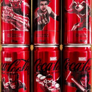 Br Coleção Completa, Latinhas Refrigerantes, 2024, (vazias), 06 unidades, referência: “Marvel, personagens”, (Thanos - She-Hulk – Groot – Rocket - Capitão América e Viúva Negra),  sabor sem açúcar, marca: Coca-Cola, 310ml.