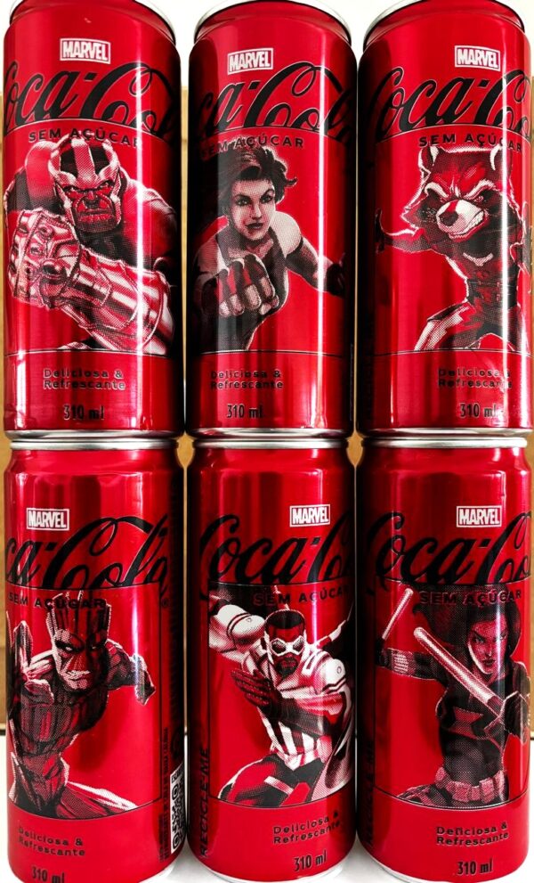 Br Coleção Completa, Latinhas Refrigerantes, 2024, (vazias), 06 unidades, referência: “Marvel, personagens”, (Thanos - She-Hulk – Groot – Rocket - Capitão América e Viúva Negra),  sabor sem açúcar, marca: Coca-Cola, 310ml.