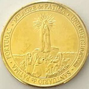 POR Medalha, 2024, (Cidade de Fátima/Portugal), (UNC), material: Aço dourado. Título: Imagem Santuário de Fátima, Milagre de Fátima. Sem embalagem protetora do chaveiro.