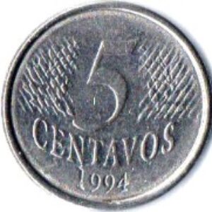 Br Moeda 1994, (MBC), Brasil República, 0,05 Centavos de Real, 1ª Família, Anverso: Efígie da República, dístico Brasil e ramos de louro estilizados. Reverso: Valor, data e ramos de louro estilizados.