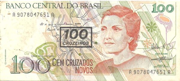 Br Cédula Brasil, 100 (Cem Cruzados Novos) (Carimbada 100 Cruzeiros), (1990), (S), Anverso: Calcografia nas cores lilás, ocre e verde, efígie de Cecília Meirelles. Impressão Casa da Moeda do Brasil. Verso: Uma criança em leitura e outras imagens. .