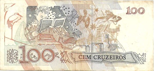 Br Cédula Brasil, 100 (Cem Cruzados Novos) (Carimbada 100 Cruzeiros), (1990), (S), Anverso: Calcografia nas cores lilás, ocre e verde, efígie de Cecília Meirelles. Impressão Casa da Moeda do Brasil. Verso: Uma criança em leitura e outras imagens. . - Image 2