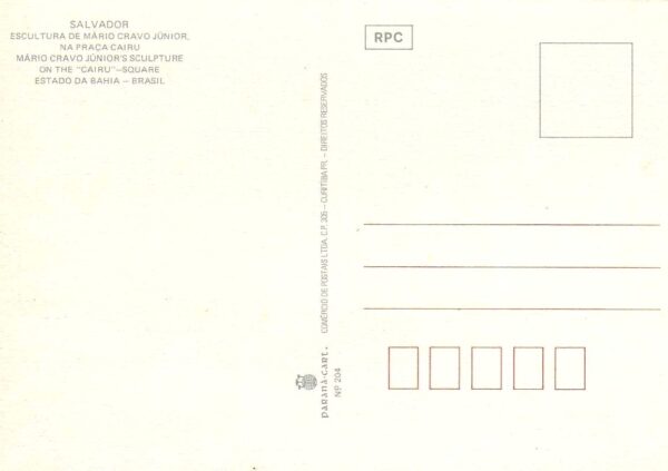 Br-Cartão Postal, (N), Brasil Turístico: Imagem da Escultura de Mário Cravo Junior na Praça Cairu. Elevador Lacerda ao lado. Cidade de Salvador/BA. Produção Paranã Cart. - RPC, nº 204, Curitiba/PR. - Imagem 2