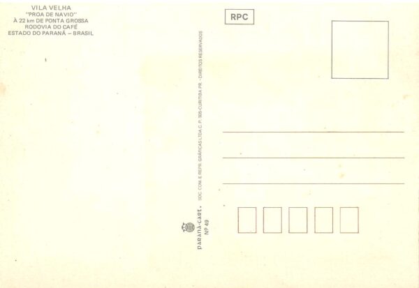 Br-Cartão Postal, (N), Brasil Turístico: Imagem Proa de Navio, rodovia do Café. Cidade de Vila Velha/PR. Produção Paraná Cart. - RPC, nº 49, Curitiba/PR. - Imagem 2