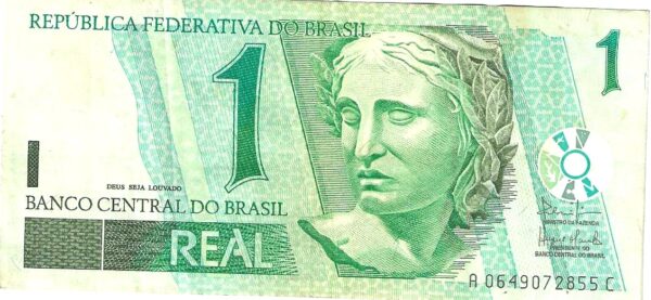 Br Cédula, R$1,00 (um Real), (2003), (S), Primeira Família do Real, Anverso: efigie simbólica da república, interpretada sob a forma de escultura. Gravura de um Beija-Flor, pássaro típico do continente americano.