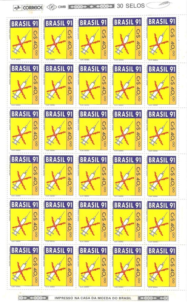 Br-Folha, 1991, C-1732 (RHM), (Mint), 30 Selos. Combate às Drogas - Injetável.