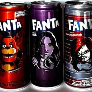 Br Coleção Refrigerantes, 2026, 03 Latas (vazias), referência “CHUCKY PUNCH, MEGAN UVA 2.20 e FREDDY LARANJA (FIVE NIGHTS)”, Edição Especial (Halloween, Fábrica Assombrada), marca: Brasil Refrigerantes, sabores Uva, Chucky Punch e Laranja