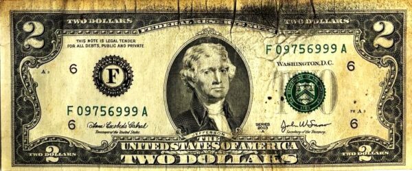 USA Cédula Estados Unidos (América do Norte), 2003, (S), 2 (Dois Dollares), Esfinge: Presidente: Jefferson. Anverso: Declaration of Independence - 1776.