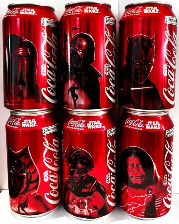 Br Coleção, 2025, 6 (seis) Latinhas Refrigerantes, (vazias), Coca-Cola Original, STAR WARS, personagens: Darth Maul, Boba Fatt, Kylo Ren, AHSOKS Tano, Poe Dameron e Imperador Palpatines. 310ml, ano 2025.