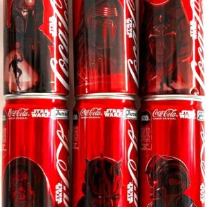 Br Coleção, 2025, 5 (cinco) Latinhas Refrigerantes, (vazias), Coca-Cola Sem Açúcar, STAR WARS, personagens: C-3PO, Darth Vader, Anakin Skywalker, Chewbacca, Darth Maul e Poe Dameron. Colecionáveis 310ml.