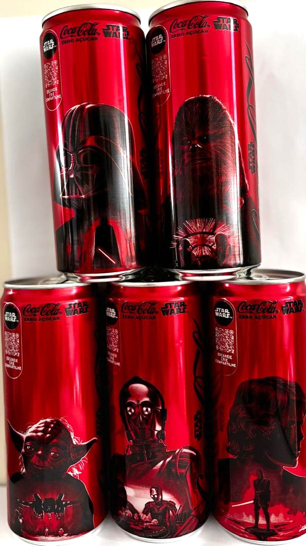 Br Coleção, 2025, 5 (cinco) Latinhas Refrigerantes, (vazias), Coca-Cola Sem Açúcar, STAR WARS, personagens: DARTH VADER, CHEWBACCA, YODA, C-3PO, ANAKIN SKYWALKER. Colecionáveis 310ml.