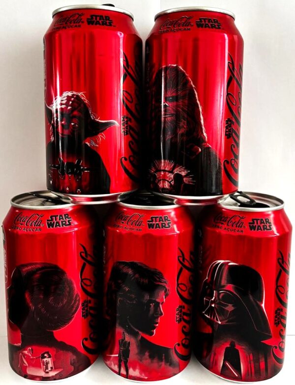 Br Coleção, 2025, 5 (cinco) Latinhas Refrigerantes, (vazias), Coca-Cola Sem Açúcar, STAR WARS, personagens: DARTH VADER, CHEWBACCA, YODA, C-3PO, ANAKIN SKYWALKER. Colecionáveis 310ml.