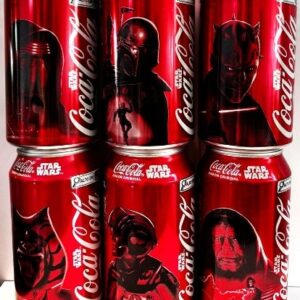 Br Coleção, 2025, 6 (seis) Latinhas Refrigerantes, (vazias), Coca-Cola Original, STAR WARS, personagens: Darth Maul, Boba Fatt, Kylo Ren, AHSOKS Tano, Poe Dameron e Imperador Palpatines. 350ml.