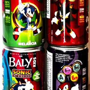 Br Coleção Latinhas Bebida Vitaminica, 2005 (vazias), 04 unidades, referência “Tutti Frutti”, marca: “Baly Kids, Sonic”m fabricado e envasado pela Grassi, (Brasil). Cores: Vermelho, Verde, Preto e Azul, 220ml.