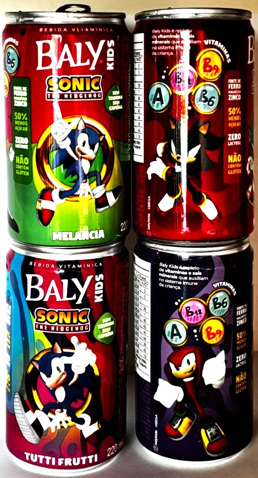 Br Coleção Latinhas Bebida Vitaminica, 2005 (vazias), 04 unidades, referência “Tutti Frutti”, marca: “Baly Kids, Sonic”m fabricado e envasado pela Grassi, (Brasil). Cores: Vermelho, Verde, Preto e Azul, 220ml.