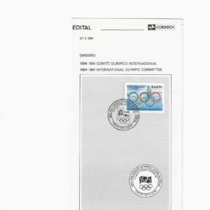 Br Edital 03/1994. (Mint). Emissão: Centenário do Comitê Olímpico Internacional, fundado pelo Barão Pierre de Coubertim (1863/1937). Carimbo do 1º dia, Porto Alegre/PA. 01 (um) selo original colado, C-1883 (RHM), (Mint).