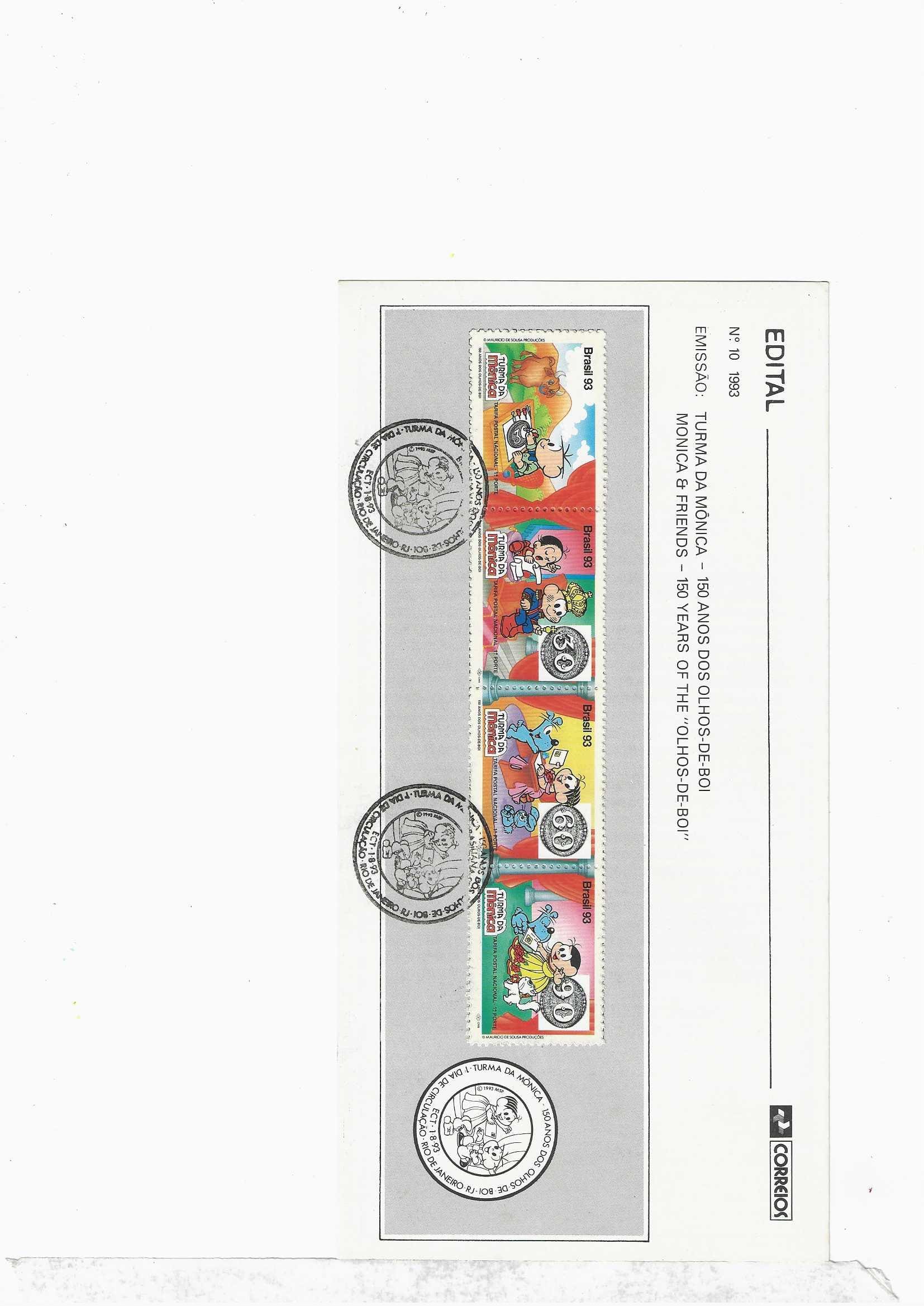Br-Edital, 10/1993. (Mint). Emissão: Turma da Mônica - 150 Anos dos Olhos-de-Boi. Carimbo do 1º dia, Rio de Janeiro/RJ. 04 (quatro) selos originais colados, 1851/1854 (RHM), (Mint).