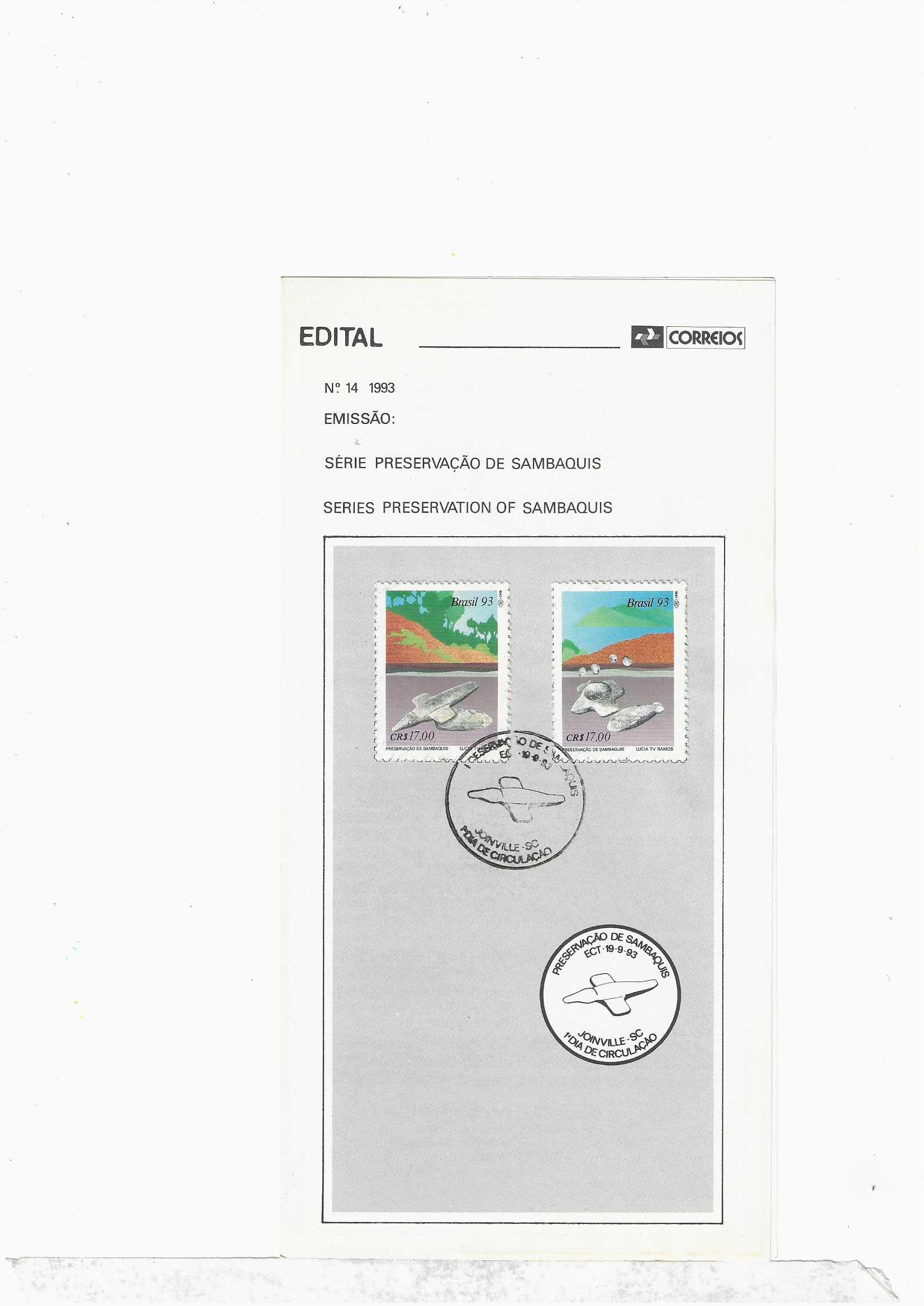 Br-Edital, 14/1993. (Mint), Emissão: Série: Preservação de Sambaquis. Carimbo do 1º dia, Joinville/SC. 02 (dois) selos originais colados, 1861/62 (RHM), (Mint).