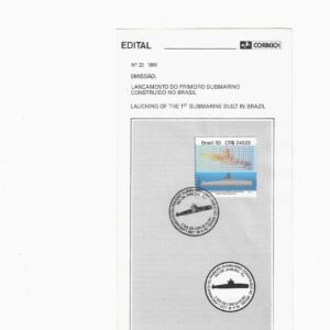 Br-Edital, 22/1993. (Mint). Emissão: Lançamento do Primeiro Submarino Construído no Brasil. Carimbo do 1º dia, Rio de Janeiro/RJ. 01 (um) selo original colado, 1877 (RHM), (Mint).