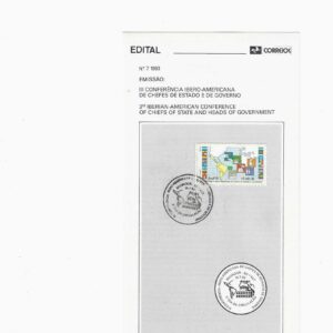 Br-Edital, 07/1993. (Mint). Emissão: III Conferência Ibero-Americana de Chefes de Estado e de Governo. Carimbo do 1º dia, Salvador/BA. 01 (um) selo original colado, 1842 (RHM), (Mint).