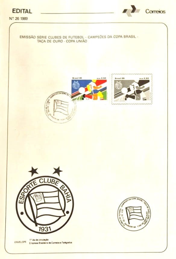 Br-Edital, 25/1989. (EPD). Emissão: Série: Clubes de Futebol III - S.C. Bahia, Campeão da Copa Brasil. Carimbo do 1º dia, Salvador/BA. C/Selo original, C-1662, (RHM) (Mint).