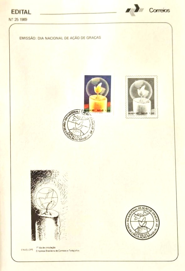 Br-Edital, 25/1989. (EPD). Emissão: Dia Nacional de Ação de Graça (Vela). Carimbo do 1º dia, Brasília/DF. C/ Selo original, C-1660, (RHM) (Mint).