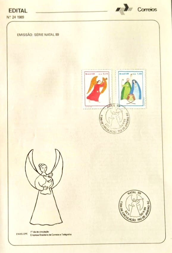 Br-Edital, 24/1989. (EPD). Emissão: Série: Natal 89 (Anjo e Sagrada Família). Carimbo do 1º dia, Natal /RN. C/ 02 (dois) Selos originais, C-1658/59, (RHM) (Mint).