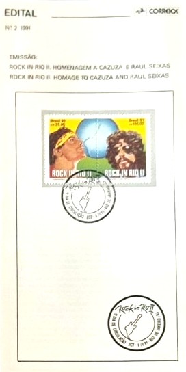 Br-Edital, 02/1991 (Mint), Emissão: Festival Rock In Rio II, Homenagem a Cazuza e Raul Seixas. Carimbo do 1º dia, Rio de Janeiro/RJ. 01 (um) selo original duplo colado, 1719/1720 (RHM), (Mint).