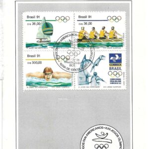 Br-Edital, 07/1991. (Mint). Emissão: XI Jogos Pan-Americanos (Havana/Cuba), XXV Jogos Olímpicos (Barcelona - 92/Espanha). Carimbo do 1º dia, Brasília/DF. C/ Quadra selos originais colado, C-1727/29 (RHM), (Mint).