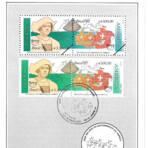 Br-Edital, 08/1992. (Mint), Emissão: Série: 500 Anos do Descobrimento da América (Caravelas, C. Colombo). Carimbo do 1º dia, Rio de Janeiro/RJ e Granada(Espanha). 01 (um) selo original duplo colado, 1788/89 (RHM), (Mint).