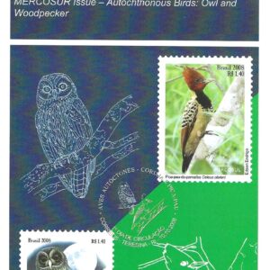 Br-Edital, 23/2008 (Mint). Emissão Especial: Emissão Mercosul - Aves Autóctones: Coruja e Pica-pau. Locais de Lançamento: Cáceres/MG, Corumbá/MS, Teresina/PI, São Paulo/SP.