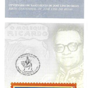 Br-Edital, 14/2001 (Mint). Emissão comemorativa: Centenário do Nascimento de José Lins do Rego (1901/1957). Local de lançamento ECT: Rio de Janeiro/RJ.