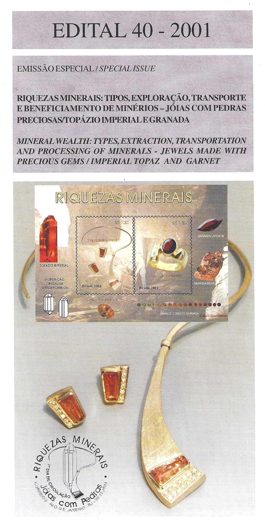 Br-Edital, 40/2001 (Mint). Emissão Especial: Riquezas Minerais: Exportação, Transporte e Beneficiamento de Minérios - Jóias com Pedras Preciosas/Topázio Imperial e Granada. Local de lançamento ECT: Rio de Janeiro/RJ.