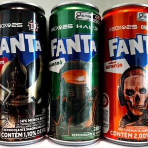 Br Coleção Completa Latinhas Refrigerantes Fanta, 2026, (vazias), 03 unidades, referência: “personagens: XBOX-25 Carmesim, XBOX-25 Halo e XBOX-25 Cal de Duty (Fanta). Cores verde/laranja/preto. Produzidas: Brasal refrigerantes S/A, com anel de alumínio branco. 310ml.