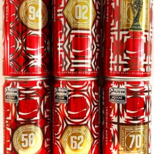 Br Coleção Latinhas Refrigerantes, 2025, (vazia), 06 unidades, referência: Cola-cola original, símbolo dos anos que a Seleção Brasileira conquistou o Penta campeã, 1958/62/70/94/02 e taça. Produzidas: Brasal refrigerantes S/A. Cores branca/vermelha, com anel de alumínio. 310ml.